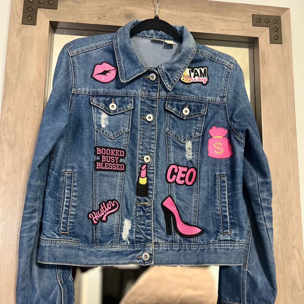 Blue and Pink Jean Jacket with Playful Patches